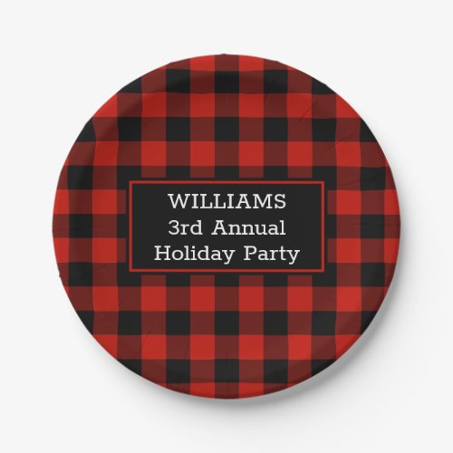 Red Black Buffalo Check Your Name Holiday Party Paper Plates