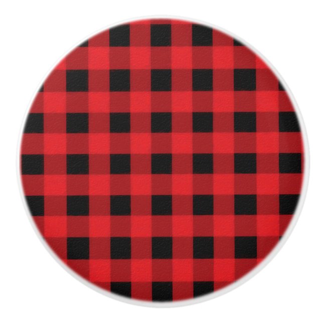 Red Black Buffalo Checker Plaid Country Rustic Ceramic Knob (Front)