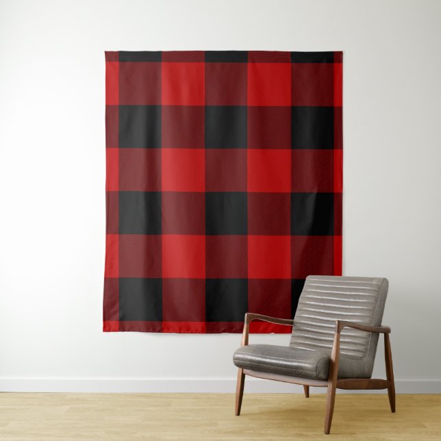 Red & Black Buffalo Checkered Plaid Rustic Tapestry (In Situ)