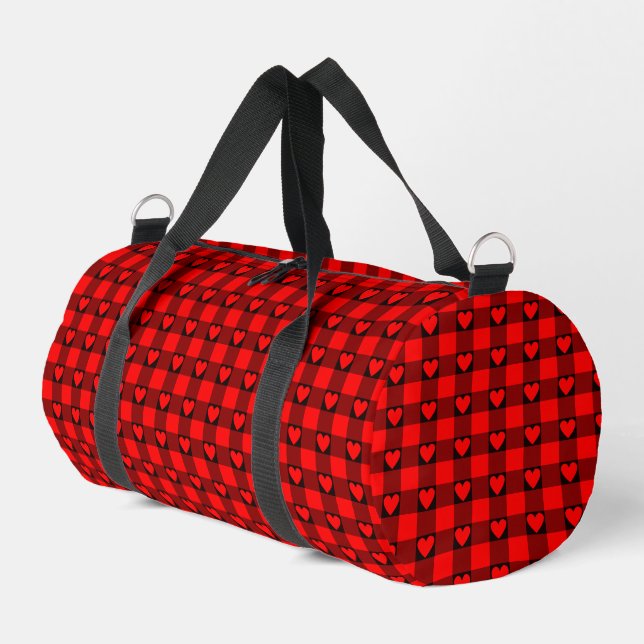 Red Black Buffalo Heart Plaid Duffle Bag (Left Corner)