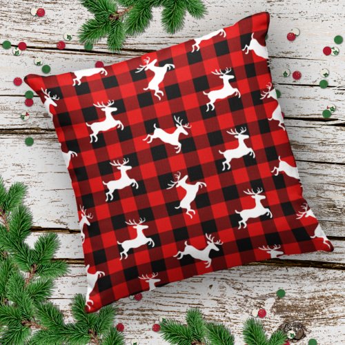 Red Black Buffalo Lumberjack Check Deer Pattern Outdoor Pillow
