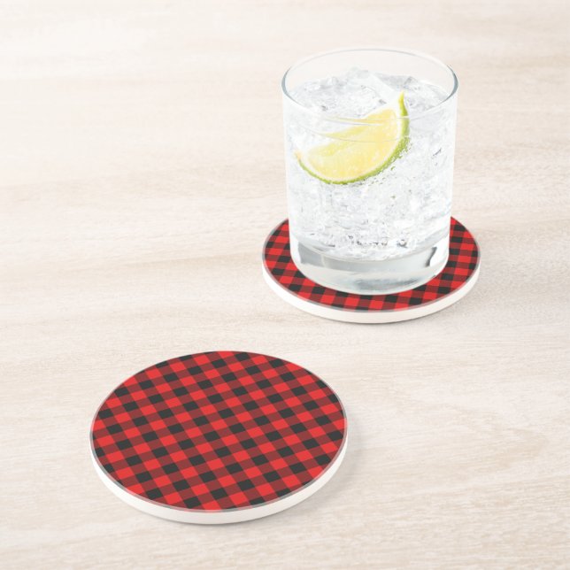 Red Black Buffalo Lumberjack Check Plaid Pattern Sandstone Coaster (Side)