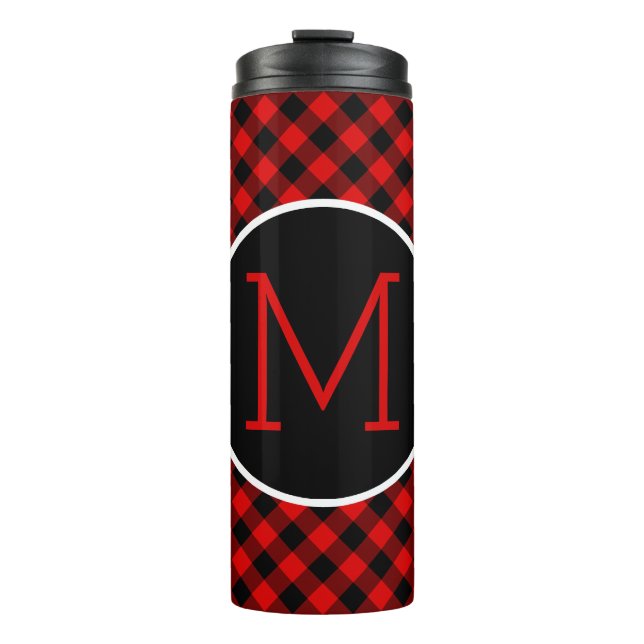 Red Black Buffalo Lumberjack Check Plaid Pattern Thermal Tumbler (Front)