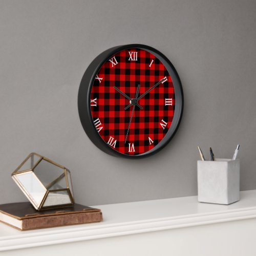 Red Black Buffalo Lumberjack Check Plaid Pattern Wall Clock