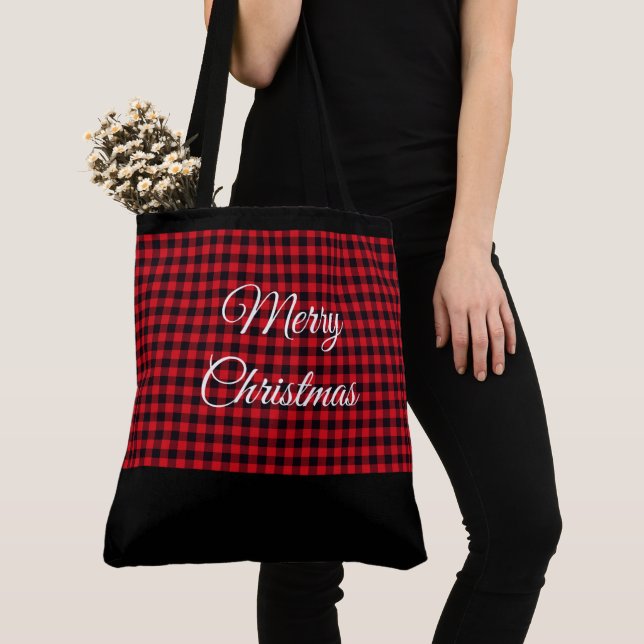 Red & Black Buffalo Merry Christmas Tote Bag (Close Up)