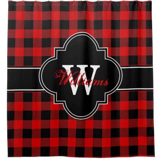 Red Black Buffalo Plaid 1irq Monogram Shower Curtain Zazzle Com