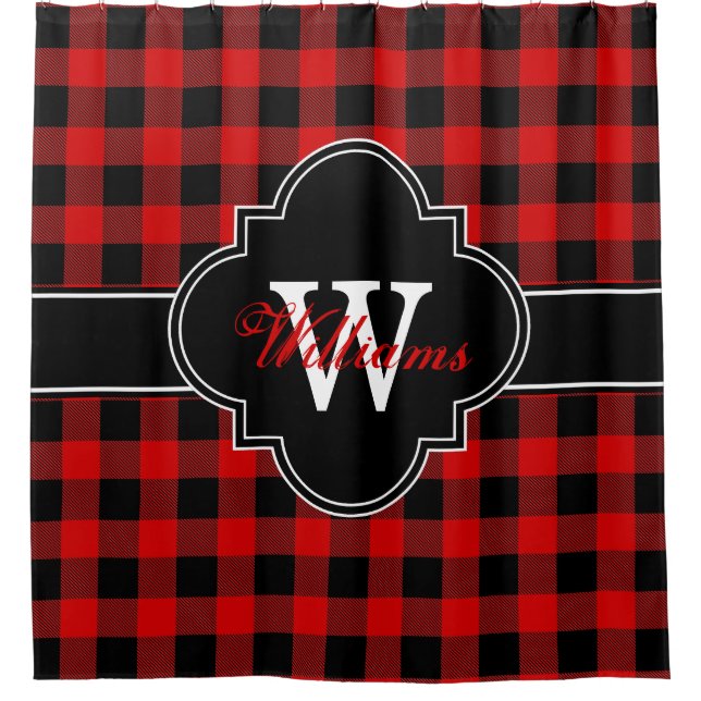 Red Black Buffalo Plaid 1IRQ Monogram Shower Curtain (Front)