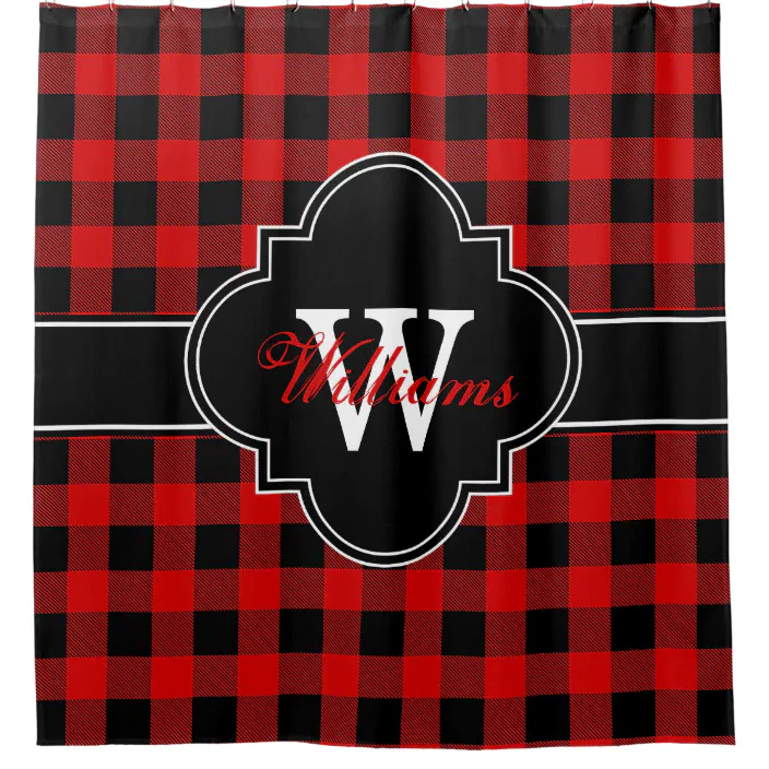Red Black Buffalo Plaid 1irq Monogram, Black Buffalo Check Shower Curtain