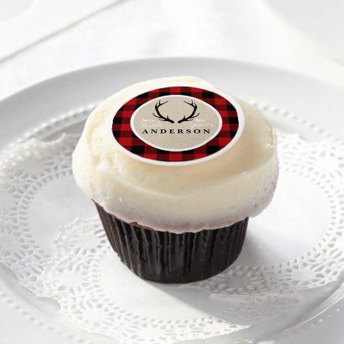 Red Black Buffalo Plaid  Antlers Rustic Wedding Edible Frosting Rounds