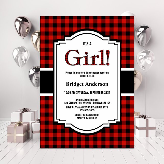 Red Black Buffalo Plaid Baby Shower Invitation (Creator Uploaded)