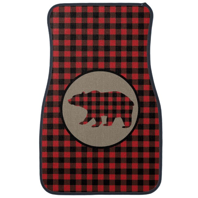 Red Black Buffalo Plaid Bear Car Floor Mat (Front)