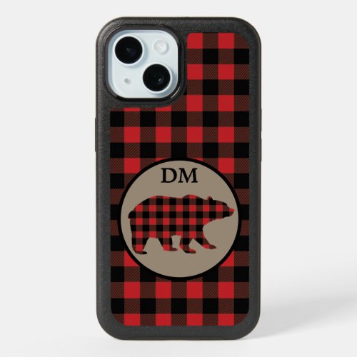 Red Black Buffalo Plaid Bear Monogram iPhone 15 Case