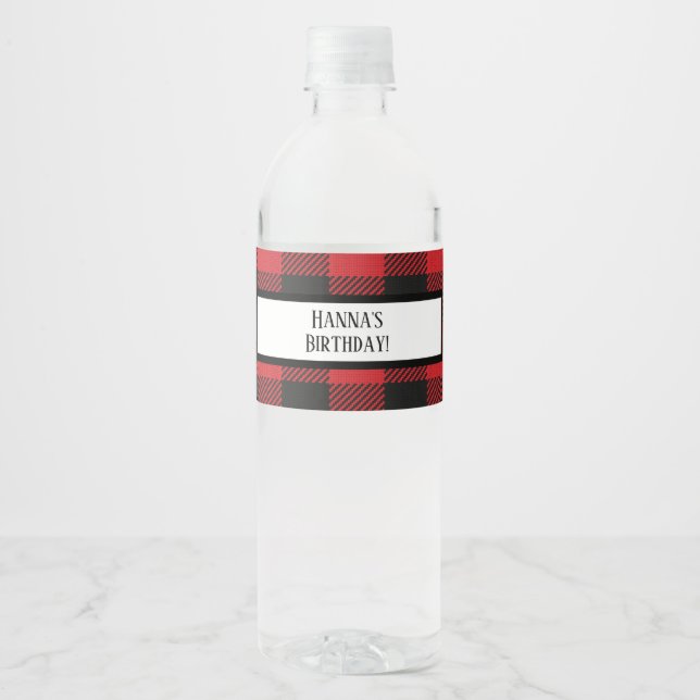 Red Black Buffalo Plaid Birthday  Water Bottle Label (Front)