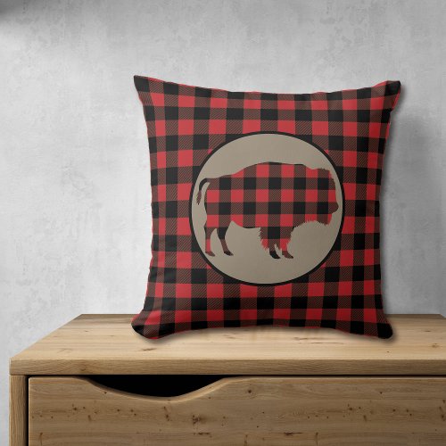 Red Black Buffalo Plaid Bison Throw Pillow