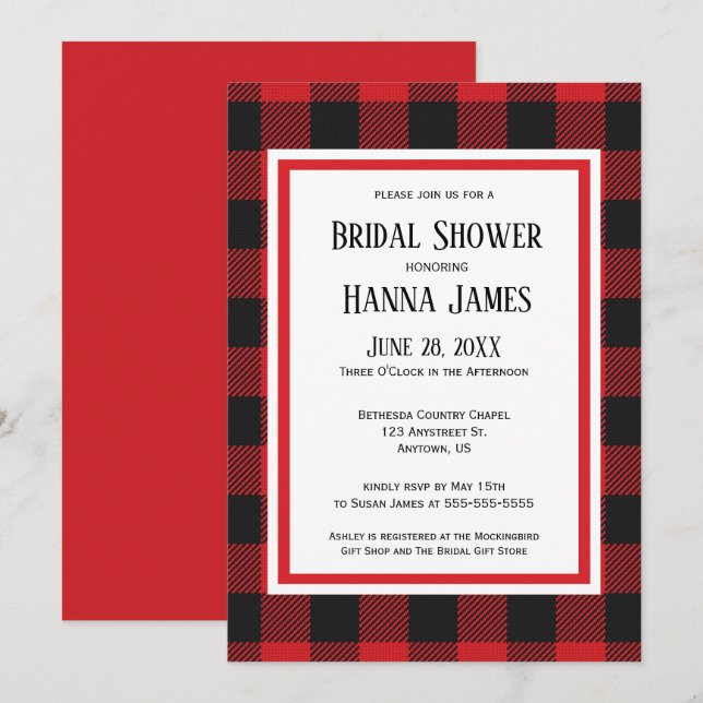 Red Black Buffalo Plaid Bridal Shower  Invitation (Front/Back)