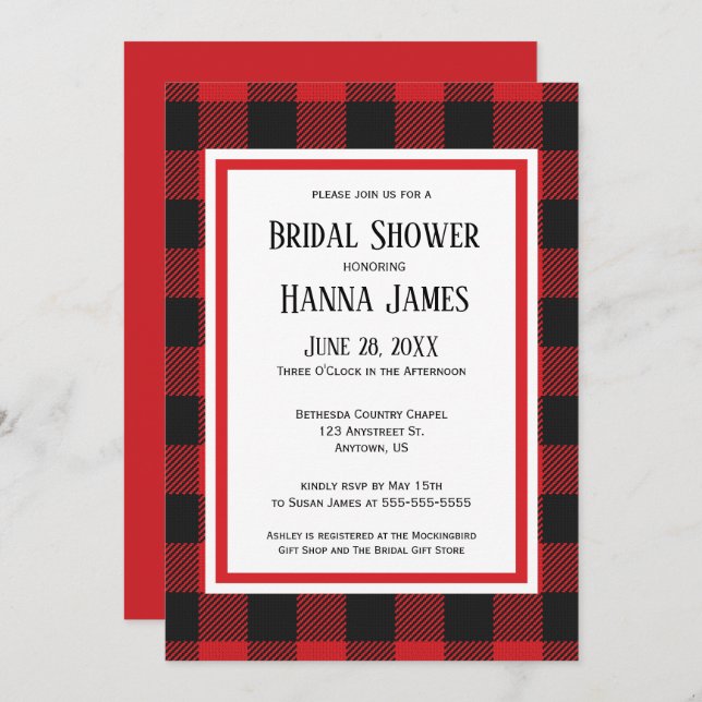 Red Black Buffalo Plaid Bridal Shower  Invitation (Front/Back)