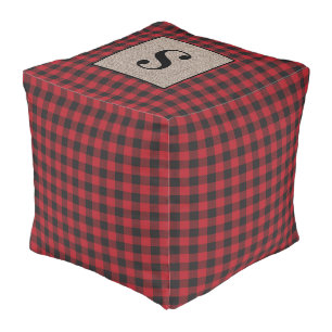 Red Black Buffalo Plaid Burlap Monogram Rustic  Pouf