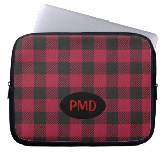 Red Black Buffalo Plaid Check Monogram Initials Laptop Sleeve