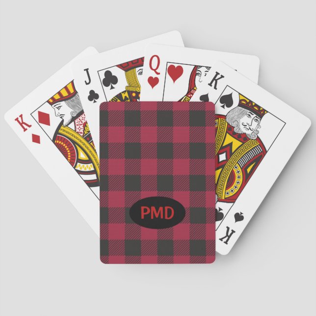 Red Black Buffalo Plaid Check Monogram Initials Poker Cards (Back)