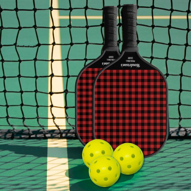 Red Black Buffalo Plaid Check Pattern Custom Text  Pickleball Paddle (Creator Uploaded)