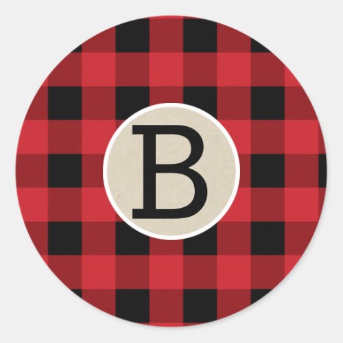 Red Black Buffalo Plaid Checker Kraft Monogram Classic Round Sticker