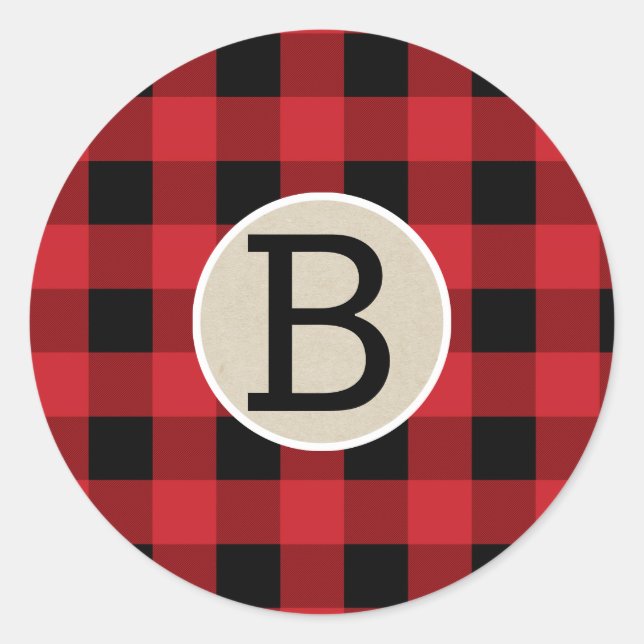 Red Black Buffalo Plaid Checker Kraft Monogram Classic Round Sticker (Front)