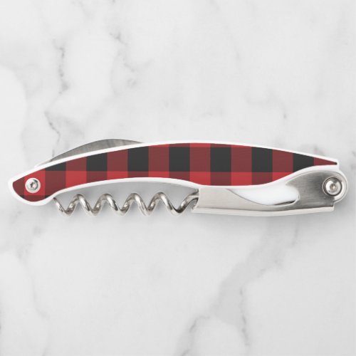 Red  Black Buffalo Plaid Checker Squares Rustic Waiters Corkscrew