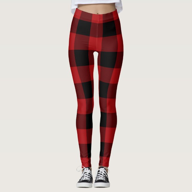 Red Black Buffalo Plaid Checkered Leggings (Front)