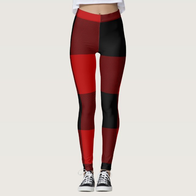 Red & Black Buffalo Plaid Checkered Leggings (Front)