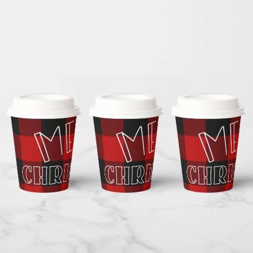 Red Black Buffalo Plaid Checkered Merry Christmas Paper Cups