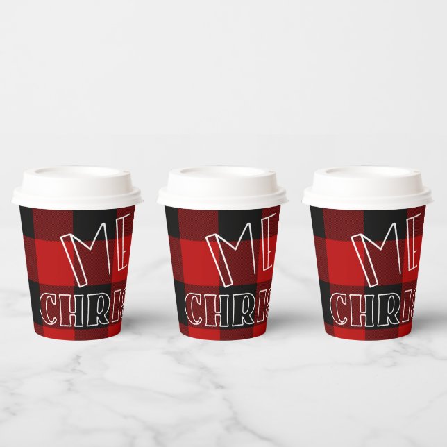 Red Black Buffalo Plaid Checkered Merry Christmas Paper Cups (Multi)