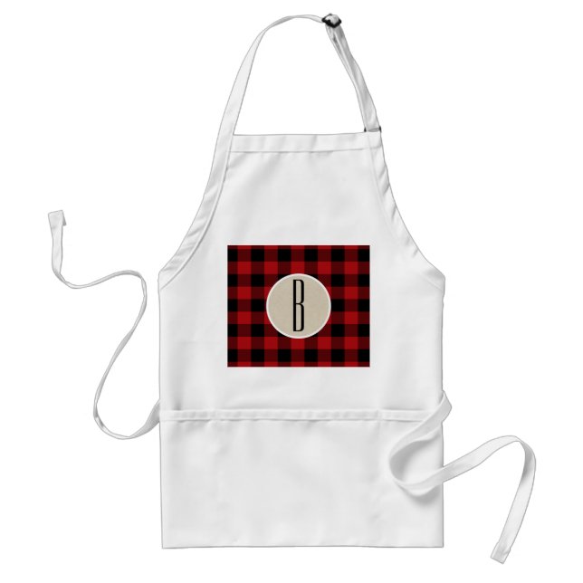 Red Black Buffalo Plaid Checkered Monogram Kraft Adult Apron (Front)