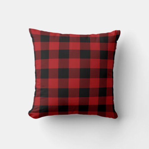Red Black Buffalo Plaid Checkered Rustic Throw Pillow