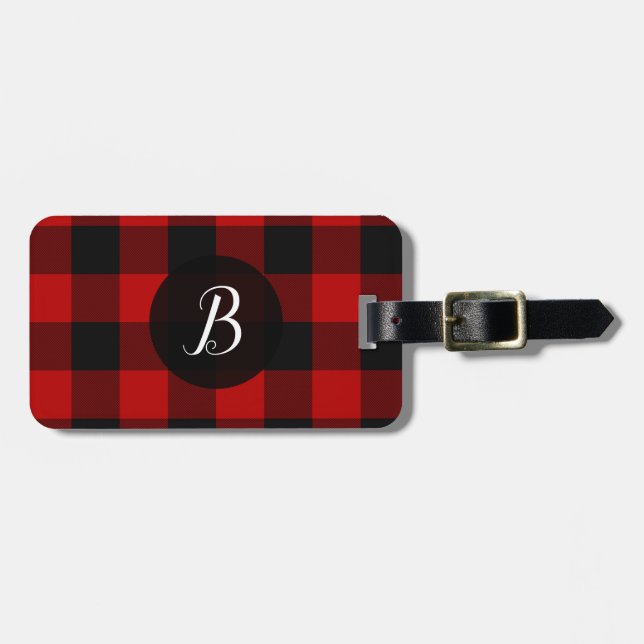 Red & Black Buffalo Plaid Checkered Squares Luggage Tag (Front Horizontal)