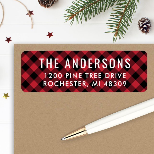 Red Black Buffalo Plaid Christmas Family Address Label (Creator Uploaded)