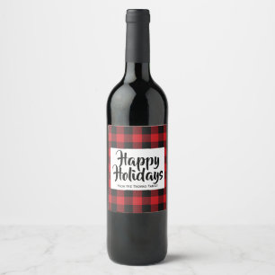 Red Black Buffalo Plaid Christmas Holiday Wine Label