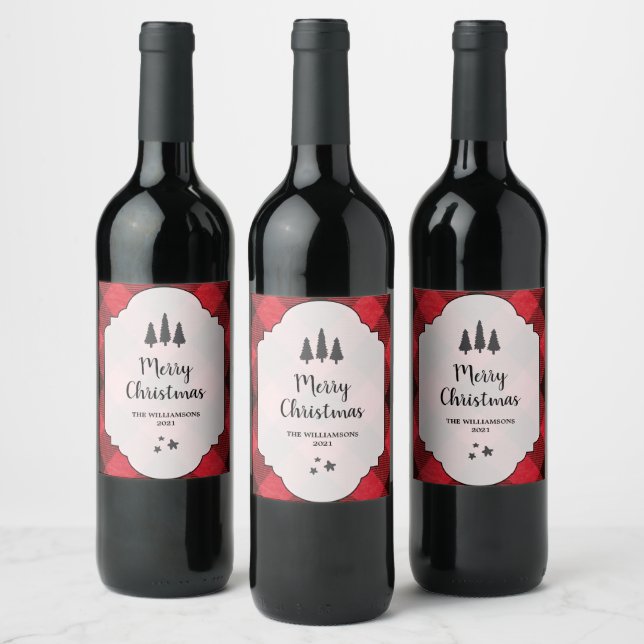 Red Black Buffalo Plaid Christmas Merry  Wine Label (Bottles)