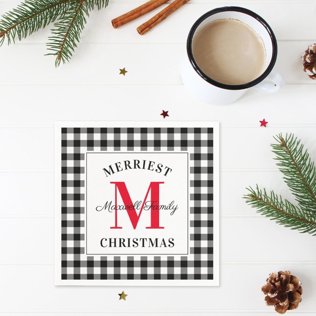 Red Black Buffalo Plaid Christmas Monogram Napkins (Creator Uploaded)