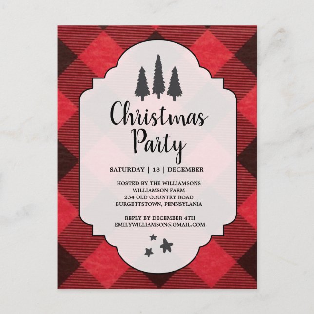 Red Black Buffalo Plaid Christmas Party Invitation Postcard (Front)