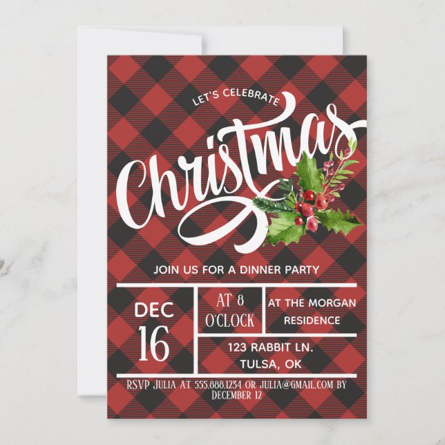 Red & Black Buffalo Plaid Christmas Party Invite (Front)