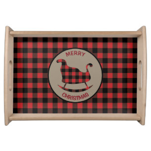 Red Black Buffalo Plaid Christmas Sleigh Serving Tray