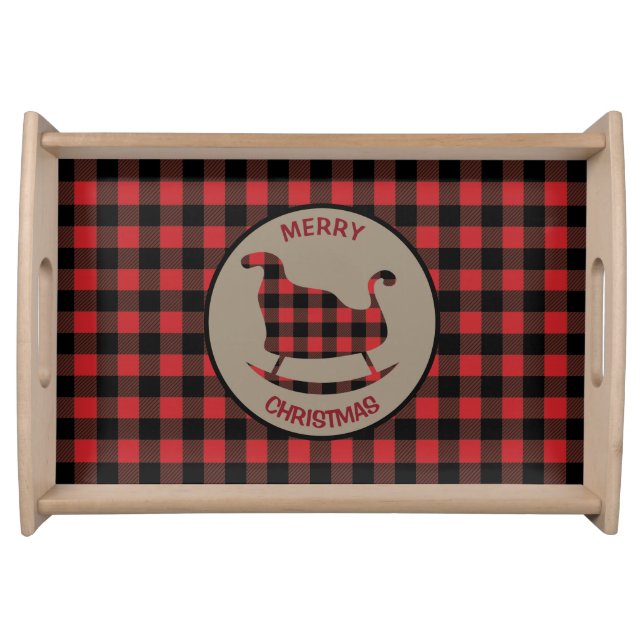 Red Black Buffalo Plaid Christmas Sleigh Serving Tray (Front)