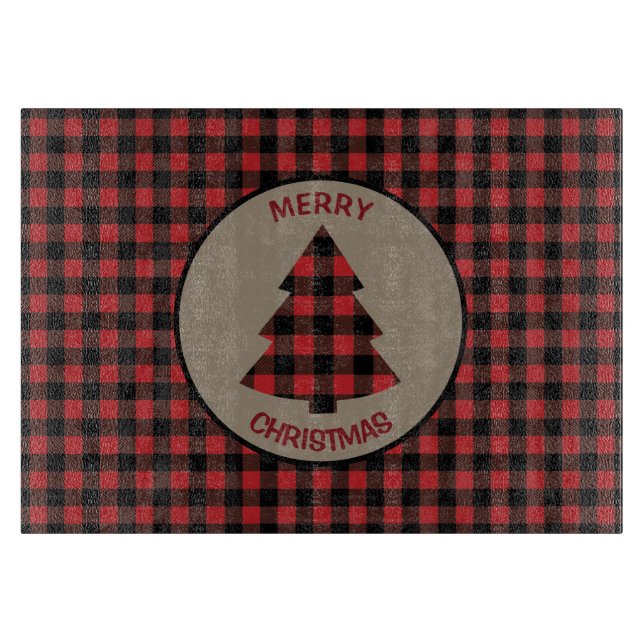 Red Black Buffalo Plaid Christmas Tree Cutting Board (Front)