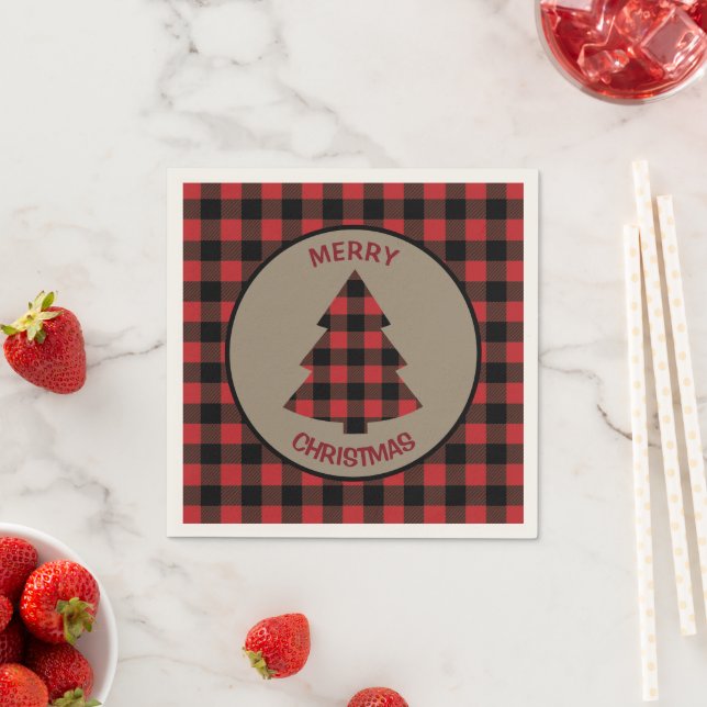 Red Black Buffalo Plaid Christmas Tree Napkins (Insitu)