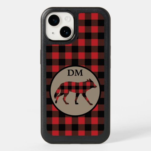 Red Black Buffalo Plaid Coyote Monogram OtterBox iPhone 14 Case