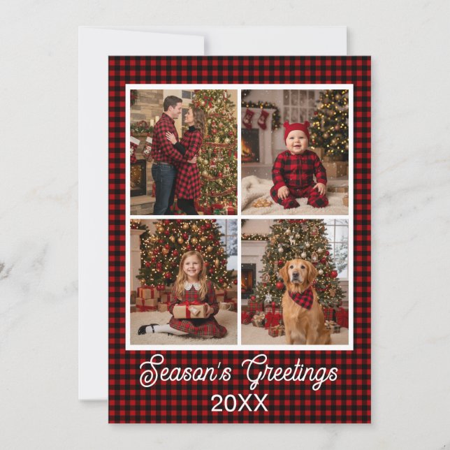 Red & Black Buffalo Plaid Custom Name and Text Holiday Card (Front)