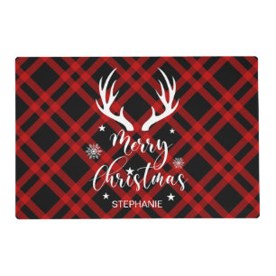 Red Black Buffalo Plaid Deer Antlers Christmas Placemat