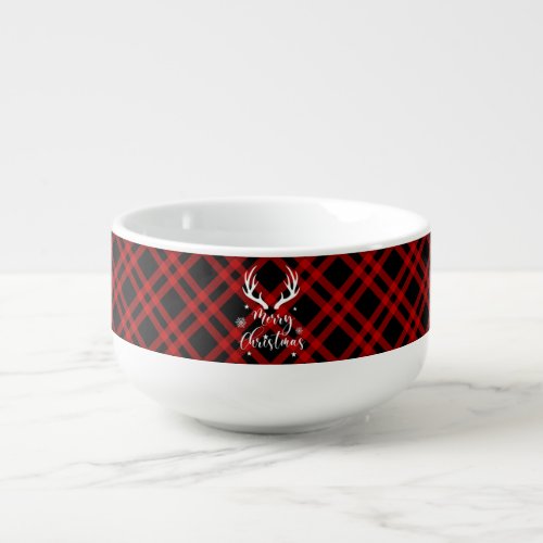 Red Black Buffalo Plaid Deer Antlers Christmas Soup Mug