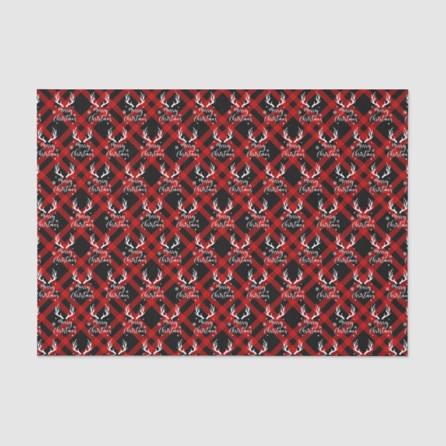 Red Black Buffalo Plaid Deer Antlers Christmas Tissue Paper (Front)