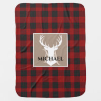 Red Black Buffalo Plaid Deer Baby Name Baby Blanket